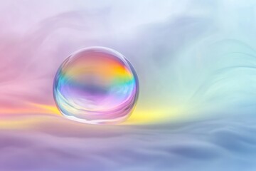 A iridescent glass orb rests on a pastel-colored, dreamy, cloud-like surface.