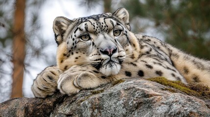 Obraz premium Majestic Snow Leopard Relaxing on a Rocky Outcrop in a Natural Mountain Environment