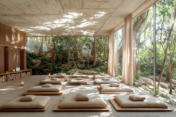 A serene meditation room with natural light, surrounded by greenery and equipped with cushioned mats for relaxation and mindfulness.
