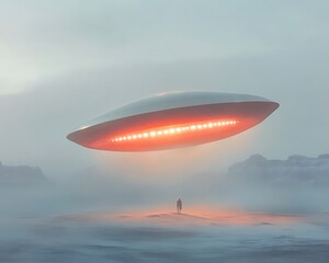 Fototapeta premium UFO over desert with lone figure.
