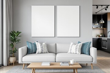Fototapeta premium Modern living room with blank canvas frames above a stylish sofa.