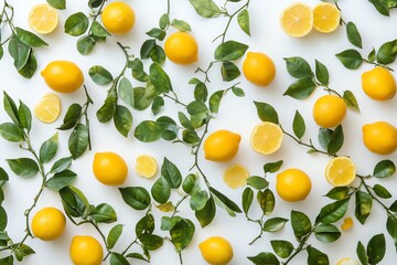 Fresh Lemons and Green Leaves Pattern on White Background Overhead View