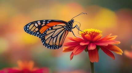 Monarch Butterfly Feeding on Vibrant Orange Flower Petals in a Colorful Garden Setting