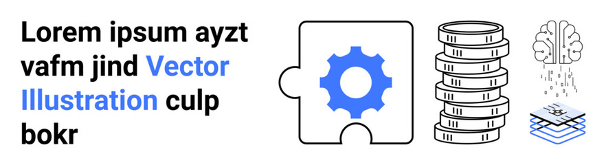 Puzzle with gear symbol, brain, data stacks, and layers suggest innovation, AI, data processing, problem-solving, system integration, machine learning and simple landing page
