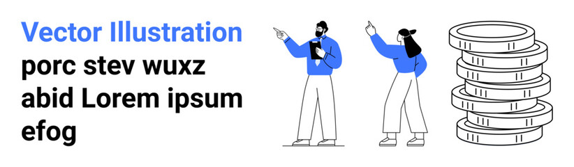 Two people in casual outfits discussing ideas while pointing forward, standing near a stack of coins. Ideal for business, finance, teamwork, investment, strategy, collaboration, simple landing page