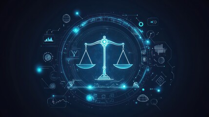 Digital scales of justice with data overlay.  Possible stock photo use