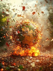 A fiery globe surrounded by scattered debris symbolizes environmental destruction and urgency,...
