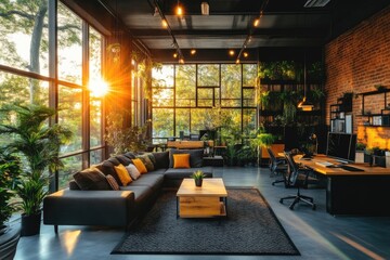Modern, sunlit loft office space with a focus on greenery and comfort.  Large windows offer expansive views of the outdoors, blending nature with work.  
