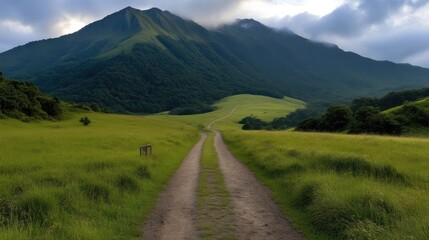 Obraz premium Serene Mountain Trail Through Lush Meadow