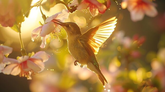 Streaked spiderhunter hanging upside down a flower long curved beak reaching for nectar delicate yellow and green feathers glowing under warm sunlight