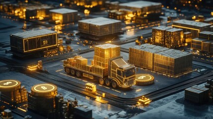 Secure blockchain technology overlaying a busy distribution center in China, improving transparency.