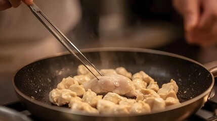 Closeup Cooking Chicken Pieces in Pan with Tongs