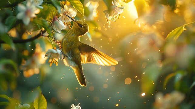 Streaked spiderhunter hanging upside down a flower long curved beak reaching for nectar delicate yellow and green feathers glowing under warm sunlight
