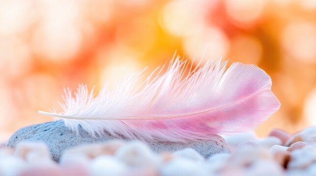 Delicate pink feather resting on smooth stones.  Soft, gentle, natural light