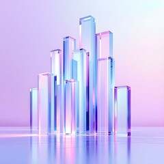 3D Abstract Glass Cityscape It depicts a collection of translucent, colorful glass pillars arranged in a city-like formation, with soft purple and blue lighting