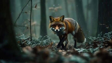 Fototapeta premium Red Fox Walking Through Misty Forest Surrounded by Green Foliage and Brown Leaves