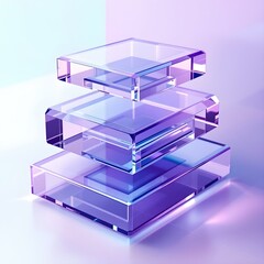 3D Abstract Glass Stacked Blocks It features a series of transparent, glass-like blocks with a gradient of purple hues, arranged in a sleek, modern stacked formation