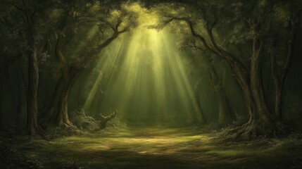 Sunlit path through a deep, mysterious forest.  Sunlight streams through the canopy, illuminating a tranquil woodland glade. Lush foliage surrounds a quiet, earthy path