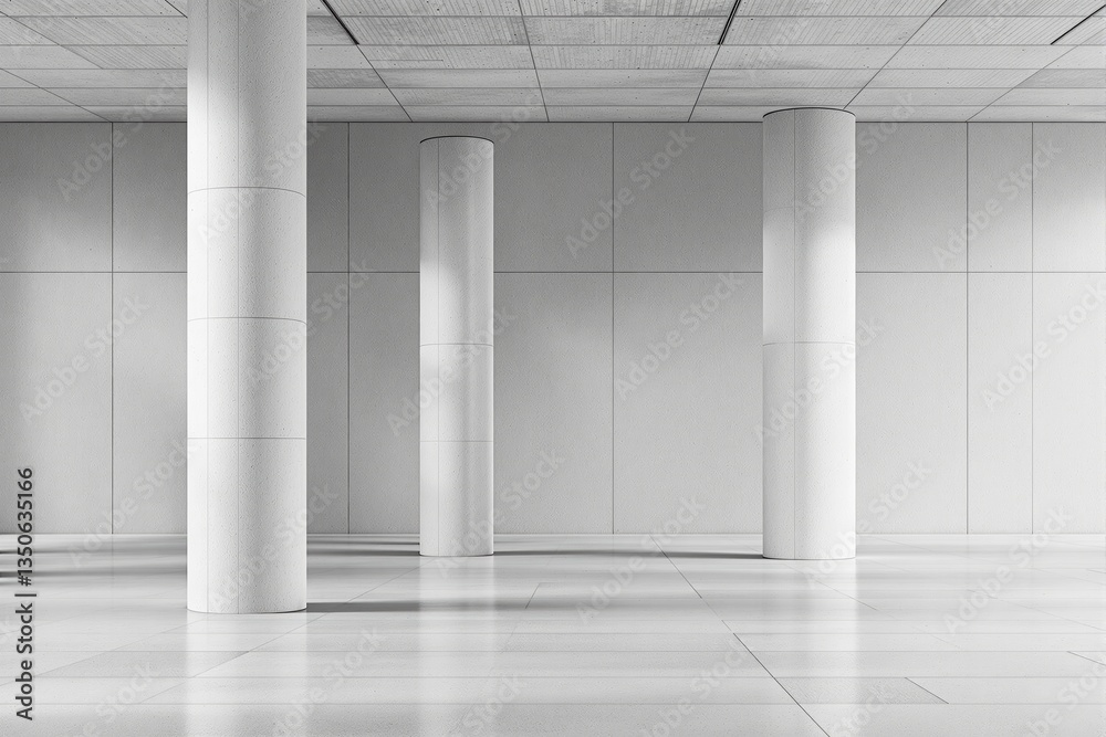 Poster Minimalist modern architecture with white cylindrical columns in a spacious interior.