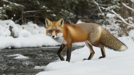 Fototapeta premium Red Fox Walking Along Stream in Snowy Forest Landscape During Winter Season in Nature