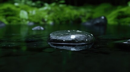 Smooth dark stone rests on still dark water, surrounded by lush green foliage