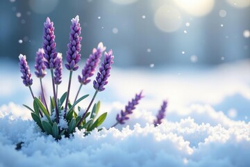 Naklejka premium Sprigs of lavender amidst snowflakes on white, frosty landscape, gentle hues, flowers