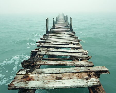 Misty Ocean with Broken Wooden Pier.