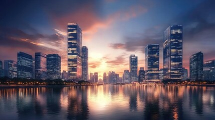 Naklejka premium Sunset over a modern skyline reflecting on a calm river, showcasing urban architecture and tranquil waters