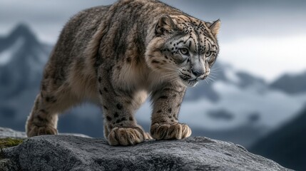 Obraz premium Snow Leopard Stalking Prey on Rocky Outcrop Against Dramatic Mountain Landscape in Cold Environment