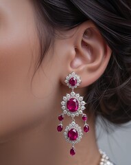 Close up of diamond studded silver earrings with ruby red gemstones