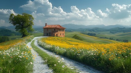 Obraz premium Serene countryside landscape featuring a rustic house surrounded by vibrant wildflowers and hills
