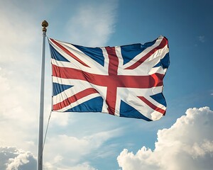 UK Flag Fluttering for Sunny Sky.