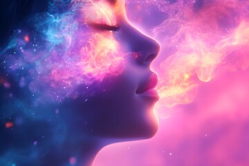 Obraz premium woman surrounded by a translucent, colorful aura, symbolizing the impact of breathwork and mindfulness on her mental health, Mental Health Concept