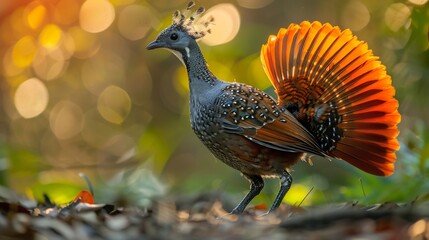 Superb lyrebird standing the forest floor elegant long tail feathers fanned out warm sunlight filtering through dense trees ultra detailed focus