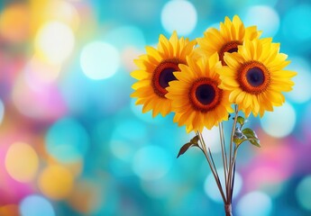 Obraz premium Vibrant sunflowers with colorful bokeh background.