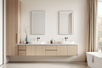 Modern bathroom interior with wooden floating vanity, double sinks, mirrors, and elegant decor in neutral tones.