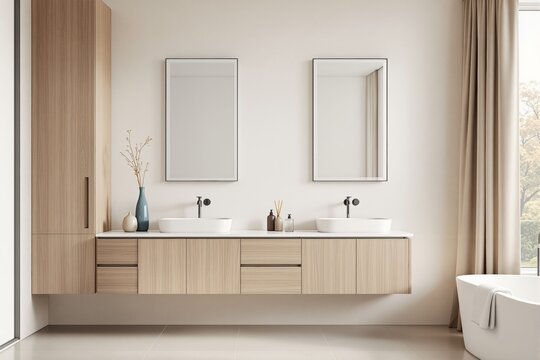 Fototapeta Modern bathroom interior with wooden floating vanity, double sinks, mirrors, and elegant decor in neutral tones.