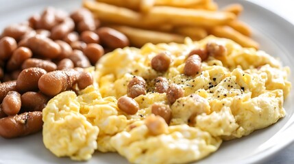 Delicious Scrambled Eggs with Beans and Fries Breakfast Plate