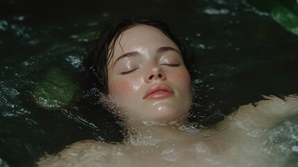 Fototapeta premium Woman floating in water, serene expression. Close-up, natural light