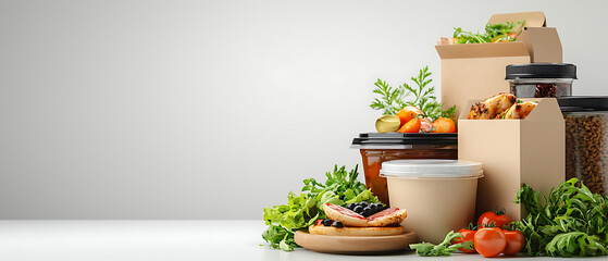 Organized array of food delivery boxes on white surface modern kitchen product photography clean environment eye-level view culinary concept