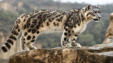 Snow Leopard Standing on Rocky Outcrop Overlooking Serene Mountain Landscape in Nature