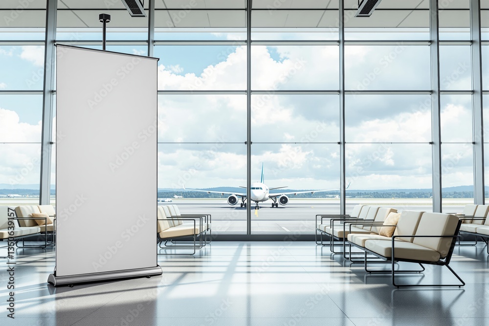 Poster blank roll-up banner in modern airport terminal with seating and large glass windows, featuring an a