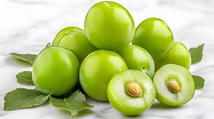 Obraz premium Juicy Green Plums on Marble Background Fresh Fruit Still Life Photography