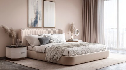Modern Villa Bedroom with Curved Headboard, Beige Color Scheme, and Soft Lighting