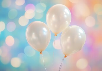 Three white balloons floating against a bokeh background.