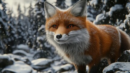 Obraz premium Stunning Closeup of a Red Fox in a Snowy Forest Setting During Winter Season