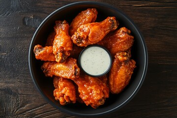 Spicy Buffalo Chicken Wings with Creamy Dip in Black Bowl