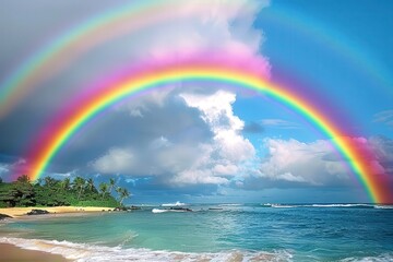 A rainbow is seen over the ocean with a beach in the background