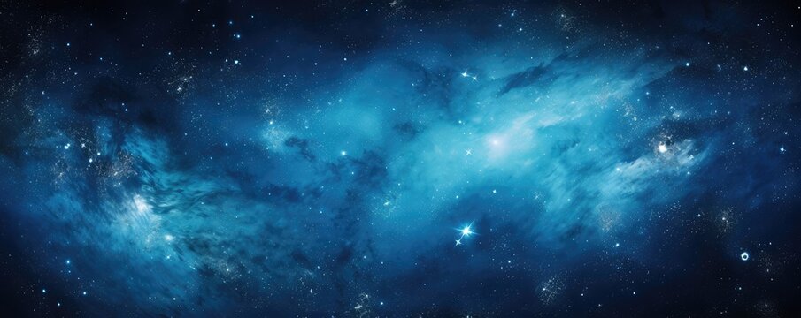 Deep space nebula with vibrant blue colors and twinkling stars. Cosmic landscape of galaxy. Astronomy concept for wallpaper, science fiction background, or space exploration theme
