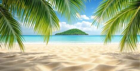 Obraz premium Tropical beach with palm leaves, golden sand, turquoise sea, lush island in distance under bright blue sky with fluffy clouds. Summer vacation concept. Ai generative